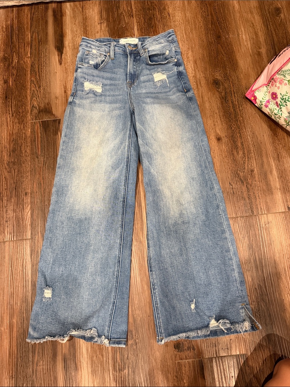Wide Leg Distressed Women’s Jeans - Light Blue